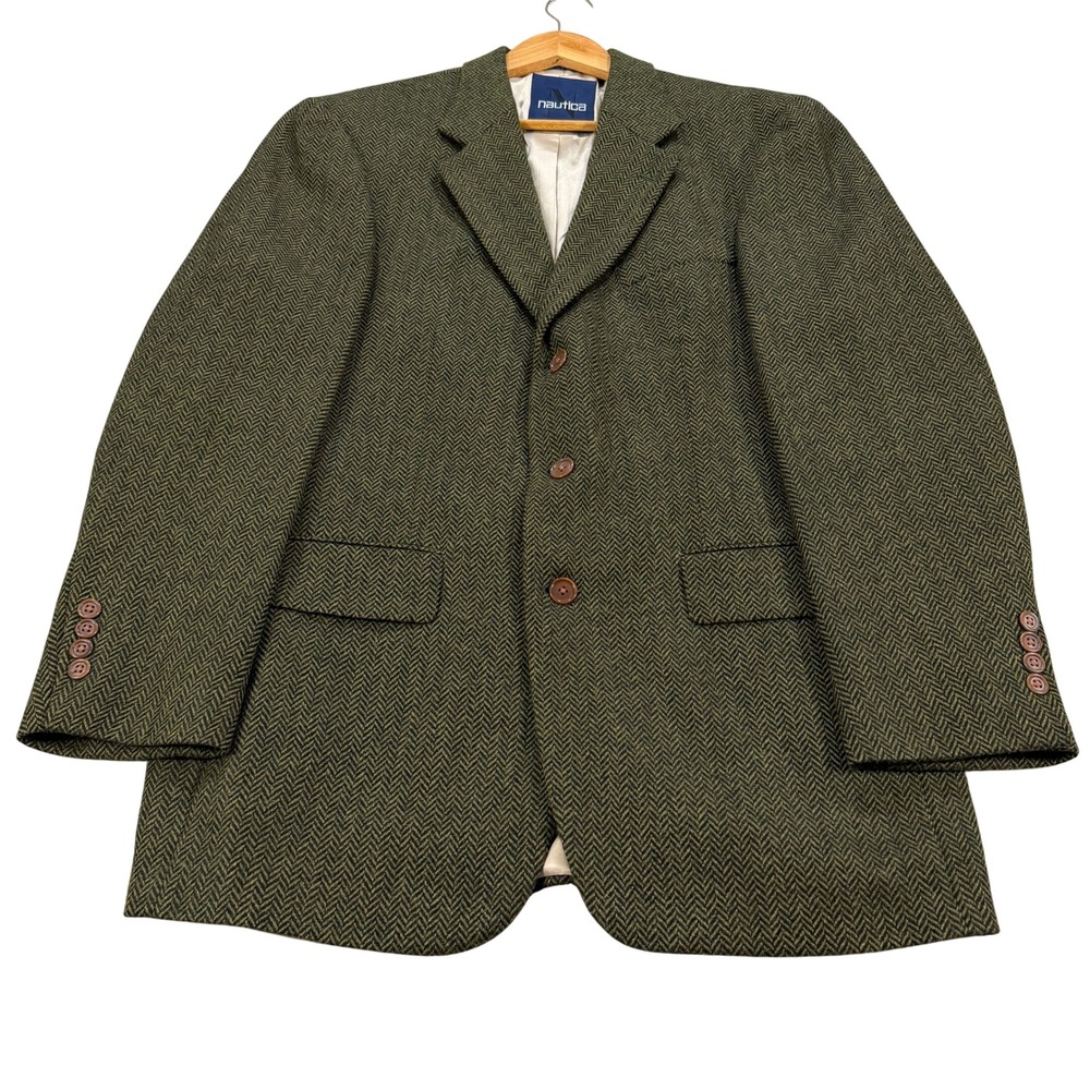 Nautica Mens 40L Blazer Green Herringbone TWEED Alpaca Wool 3 Button Sport Coat